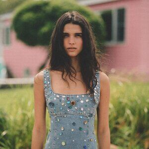 Zara TRF Jewel Denim Dress - Light Blue